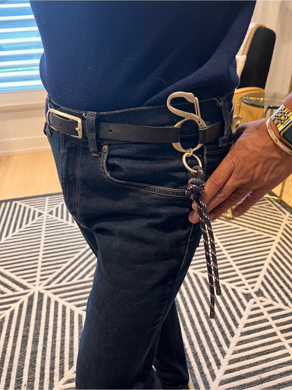 Zara Black Leather Belt with Rectangular Silver Buckle w/ rope tassel